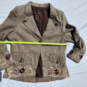 Vintage LUII tweed wool blend button front jacket. Sequin trim brown white gold